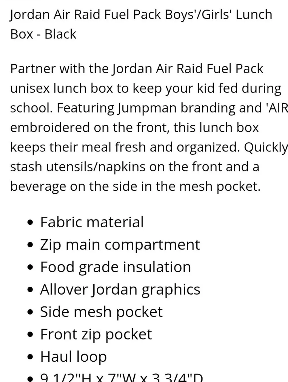 Jordan Air Raid Fuel Pack Insulated Lunch Bag- Black